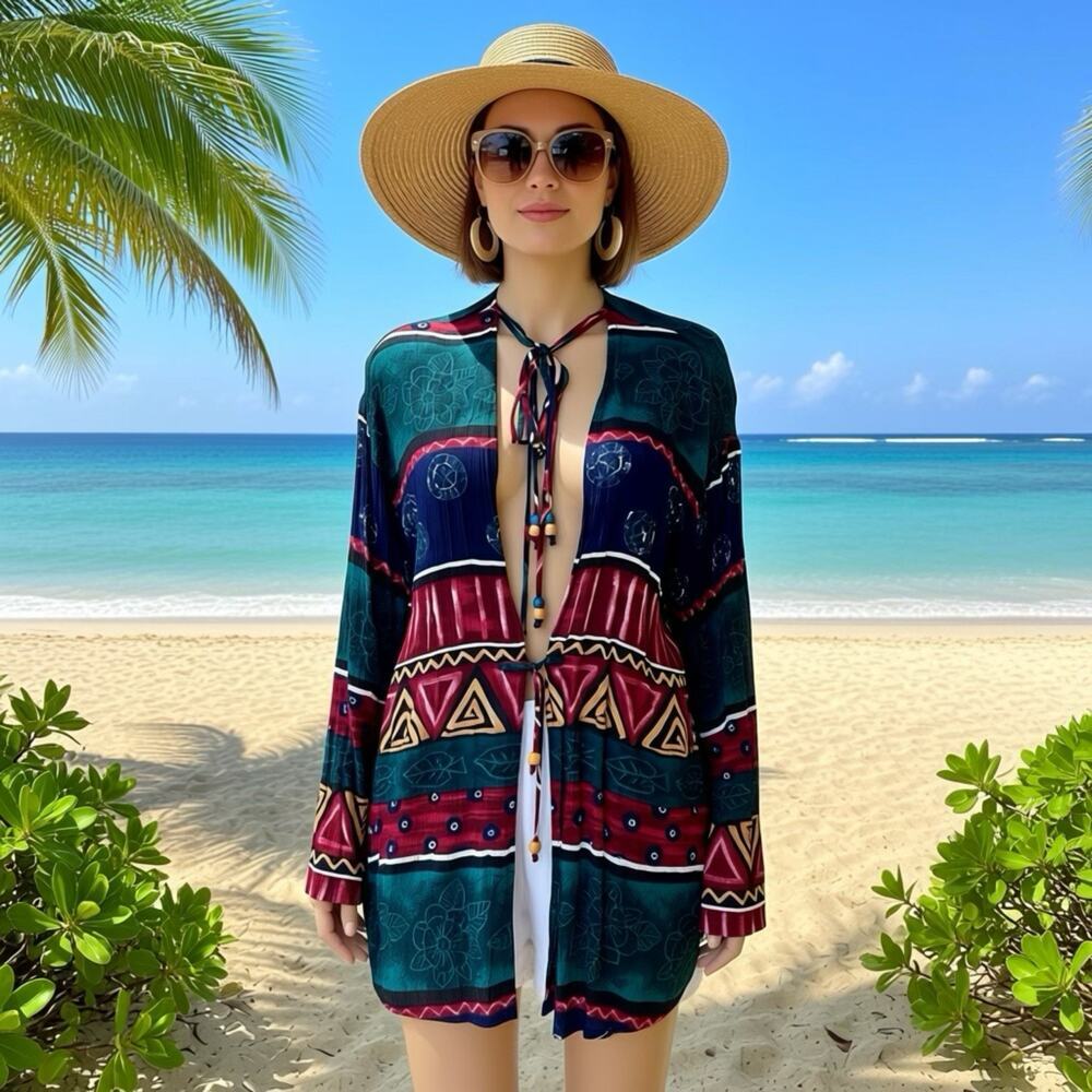 Vintage 80s Michael Taylor Women Cardigan M Western Hippie Artsy Strap Tie Front